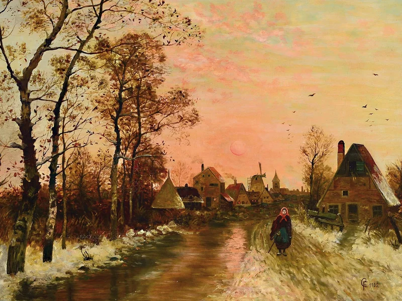 1867-Carl Fey - Atmosfera serale, contadina sul sentiero antistante il villaggio